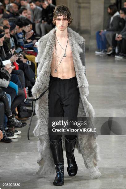 Model walks the runway during the Ann Demeulemeester Menswear Fall/Winter 2018-2019 show as part of Paris Fashion Week on January 19, 2018 in Paris,...