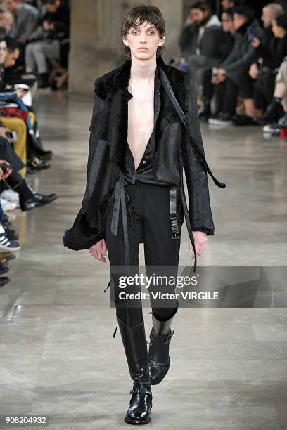 Model walks the runway during the Ann Demeulemeester Menswear Fall/Winter 2018-2019 show as part of Paris Fashion Week on January 19, 2018 in Paris,...