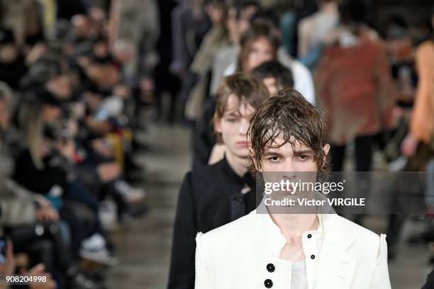 Model walks the runway during the Ann Demeulemeester Menswear Fall/Winter 2018-2019 show as part of Paris Fashion Week on January 19, 2018 in Paris,...