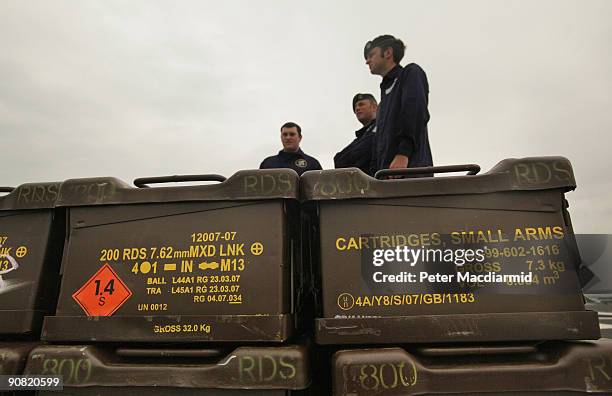 Ammunition is loaded onboard HMS Ark Royal on September 15, 2009 in Portsmouth, England. The Royal Navy's flag ship HMS Ark Royal, which first...