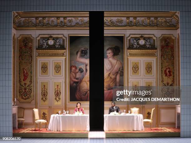 Actors Chloe Rejo as Lady Macbeth and Adama Diop as Macbeth perform on stage during a dress rehearsal of the play 'Macbeth' by English playwright...