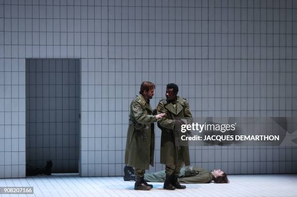 Actors David Clavel as Banquo and Adama Diop as Macbeth perform on stage during a dress rehearsal of the play 'Macbeth' by English playwright William...