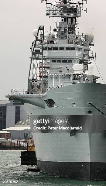 Ark Royal lies at anchor on September 15, 2009 in Portsmouth, England. The Royal Navy's flag ship HMS Ark Royal, which first entered service in 1985,...