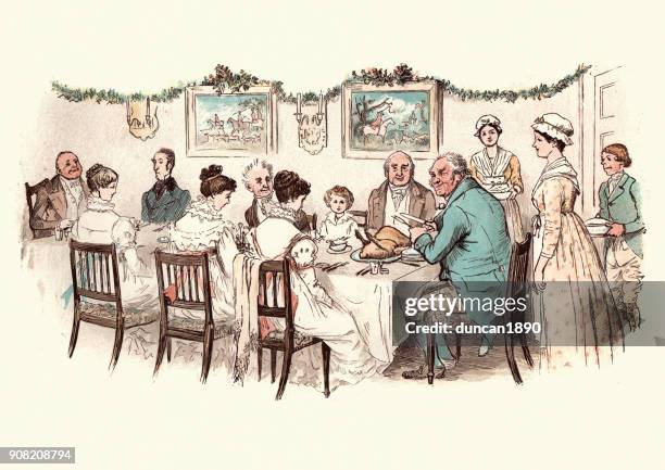 ilustraciones, imágenes clip art, dibujos animados e iconos de stock de gran familia disfrutando a un victoriano de cena de navidad - criada