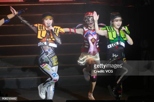Girl group Twins perform onstage during their concert on January 20, 2018 in Macao, China.