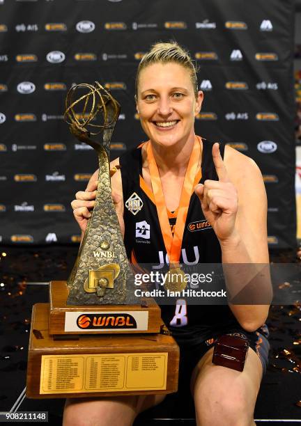 Suzy Batkovic of the Fire and MVP celebrates after winning game three of the WNBL Grand Final series between the Townsville Fire and Melbourne...