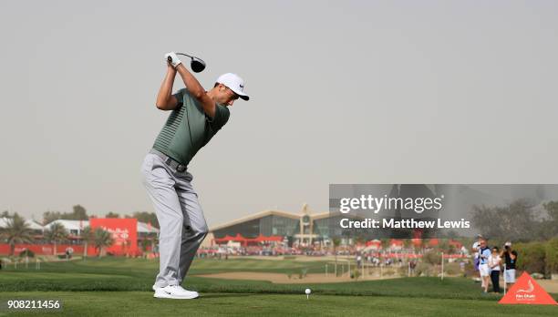 Ross Fisher of England plays his shot from the 18th tee during the final round of the Abu Dhabi HSBC Golf Championship at Abu Dhabi Golf Club on...