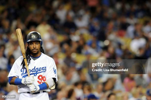 Manny Ramirez of the Los Angeles Dodgers at bat against the Pittsburgh Pirates at Dodger Stadium on September 15, 2009 in Los Angeles, California.