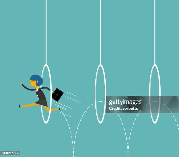 ilustraciones, imágenes clip art, dibujos animados e iconos de stock de empresaria saltando a través de aros - hula hoop