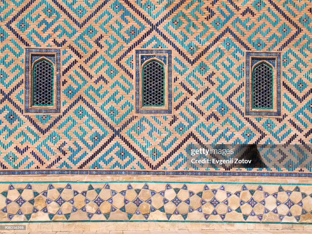 Tiled wall of Mausoleum of Khoja Ahmed Yasawi in Turkistan city, Kazakhstan