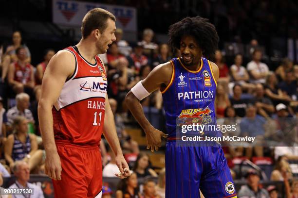 Nicholas Kay of the Hawks talks to Jason Childress of the 36ers during the round 15 NBL match between the Illawarra Hawks and Adelaide United at...