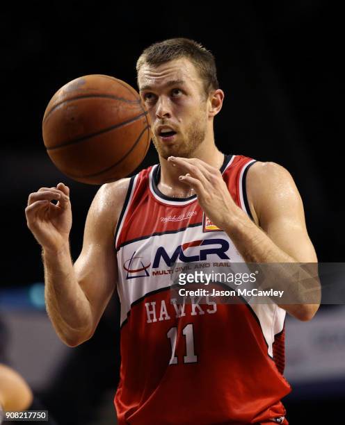Nicholas Kay of the Hawks shoots from the free thow line during the round 15 NBL match between the Illawarra Hawks and Adelaide United at Wollongong...