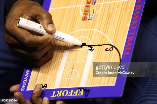 Joey Wright head coach of the 36ers draws during the round 15 NBL match between the Illawarra Hawks and Adelaide United at Wollongong Entertainment...