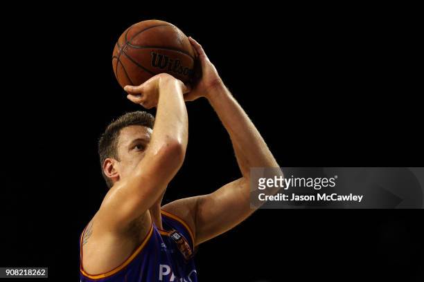 Daniel Johnson of the 36ers shoots from the free throw line during the round 15 NBL match between the Illawarra Hawks and Adelaide United at...