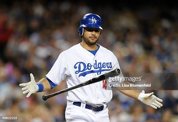 Andre Ethier of the Los Angeles Dodgers at bat against the Pittsburgh Pirates at Dodger Stadium on September 15, 2009 in Los Angeles, California.