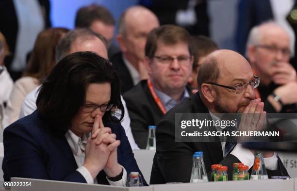 Martin Schulz , leader of Germany's social democratic SPD party, and German Labour and Social Minister Andrea Nahles attend an extraordinary SPD...