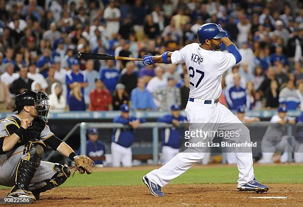 Matt Kemp of the Los Angeles Dodgers hits a RBI double in the 9th inning against the Pittsburgh Pirates at Dodger Stadium on September 15, 2009 in...