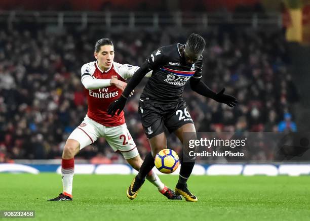 Arsenal's Hector Bellerin battles for possession with Crystal Palace's Bakary Sako during Premier League match between Arsenal against Crystal Palace...