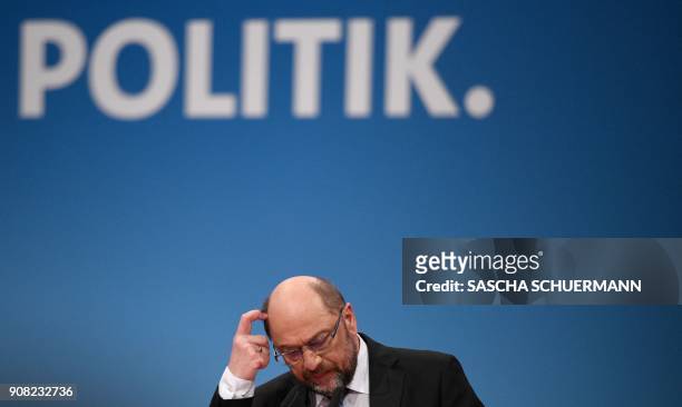 Martin Schulz, leader of Germany's social democratic SPD party, speaks to delegates during an extraordinary SPD party congress in Bonn, western...