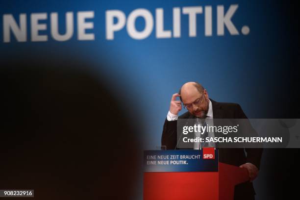 Martin Schulz, leader of Germany's social democratic SPD party, speaks to delegates during an extraordinary SPD party congress in Bonn, western...