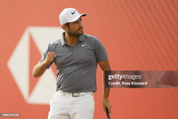 Alexander Levy of France reacts to his birdie on the 18th green during the final round of the Abu Dhabi HSBC Golf Championship at Abu Dhabi Golf Club...