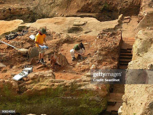 archeologists at work ii - digging stockfoto's en -beelden