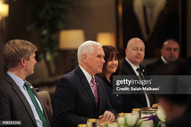 Vice President Mike Pence holds expanded talks with Jordan's King Abdullah II at the Al- Husseineyah Palace on January 21 in Amman, Jordan. Pence is...