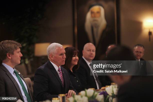 Vice President Mike Pence holds expanded talks with Jordan's King Abdullah II at the Al- Husseineyah Palace on January 21 in Amman, Jordan. Pence is...