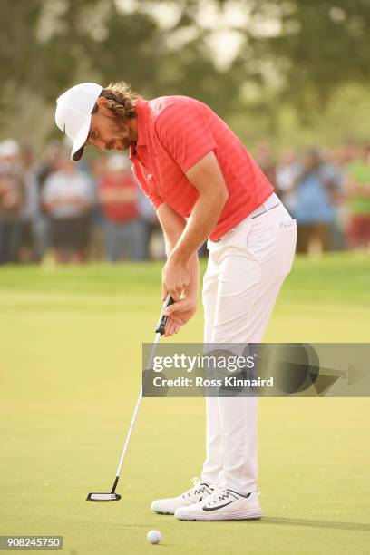 Tommy Fleetwood of England putts on the 17th green during the final round of the Abu Dhabi HSBC Golf Championship at Abu Dhabi Golf Club on January...