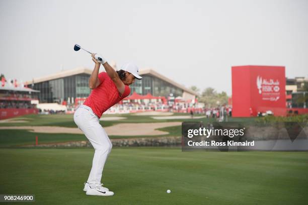 Tommy Fleetwood of England plays his second shot on the 18th hole during the final round of the Abu Dhabi HSBC Golf Championship at Abu Dhabi Golf...