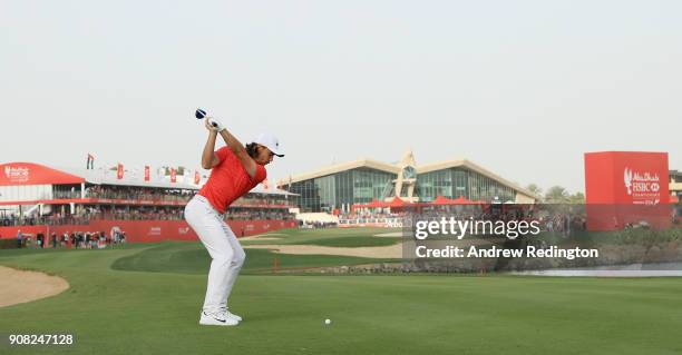 Tommy Fleetwood of England plays his second shot on the 18th hole during the final round of the Abu Dhabi HSBC Golf Championship at Abu Dhabi Golf...