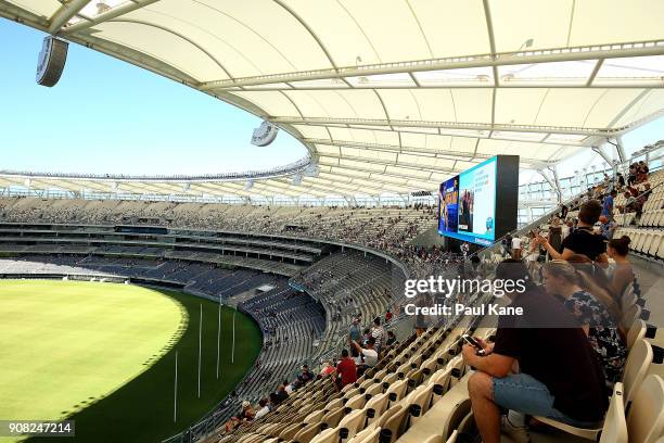 Members of the public take in views of the stadium at Optus Stadium on January 21, 2018 in Perth, Australia. The 60,000 seat multi-purpose Stadium...