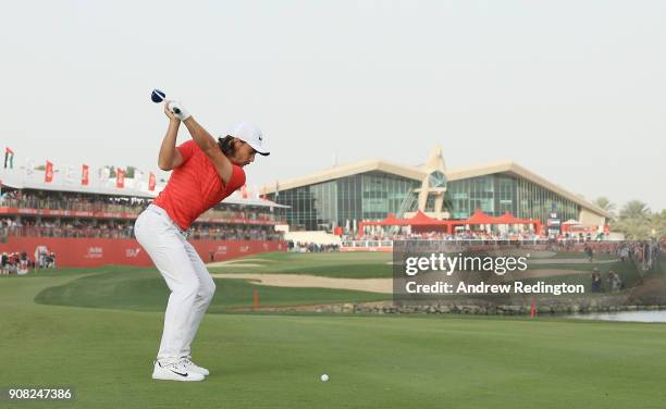 Tommy Fleetwood of England plays his second shot on the 18th hole during the final round of the Abu Dhabi HSBC Golf Championship at Abu Dhabi Golf...