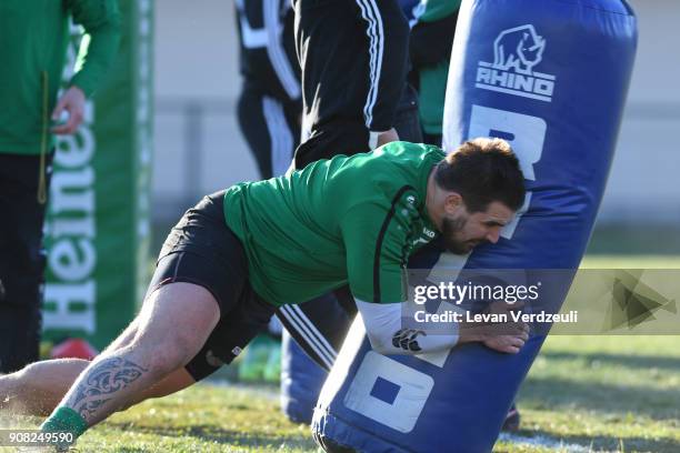 Krasny Yar players warm up before the European Rugby Challenge Cup match between Krasny Yar and London Irish at Avchala Stadium on January 20, 2018...