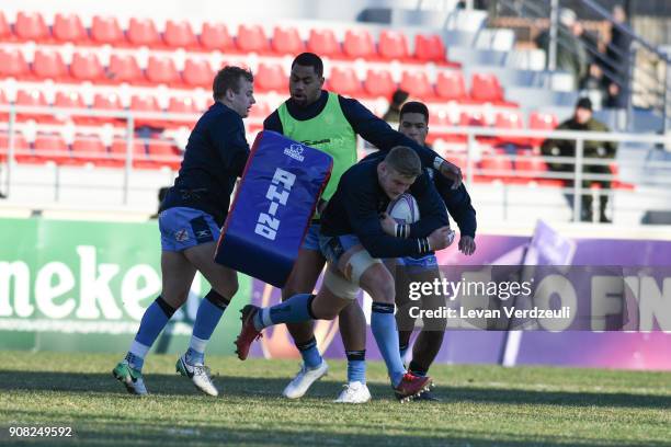 London Irish players warm up before the European Rugby Challenge Cup match between Krasny Yar and London Irish at Avchala Stadium on January 20, 2018...