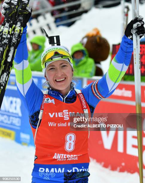 Darya Domracheva of Belarus celebrates after winning the Women's 12.5 km Mass Start Competition of the IBU World Cup Biathlon in Anterselva on...