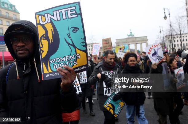 Activists participate in a demonstration for women's rights on January 21, 2018 in Berlin, Germany. The 2018 Women's March is a planned rally and...