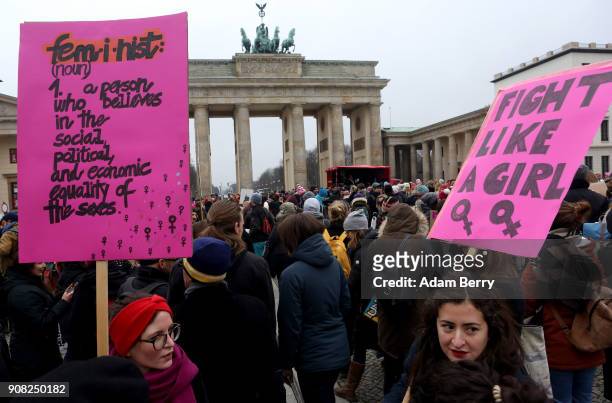 Activists participate in front of the Brandenburg Gate in a demonstration for women's rights on January 21, 2018 in Berlin, Germany. The 2018 Women's...