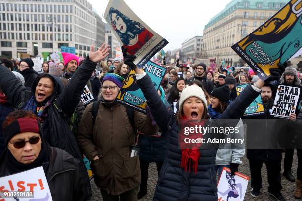 Activists participate in a demonstration for women's rights on January 21, 2018 in Berlin, Germany. The 2018 Women's March is a planned rally and...