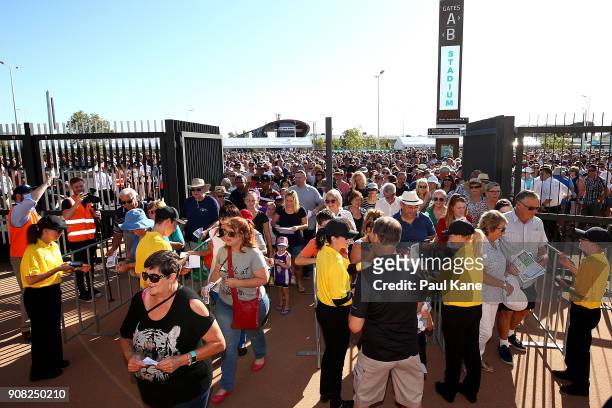 Members of the public enter Optus Stadium on January 21, 2018 in Perth, Australia. The 60,000 seat multi-purpose Stadium features the biggest LED...