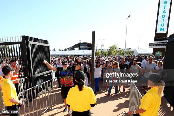 Members of the public enter Optus Stadium on January 21, 2018 in Perth, Australia. The 60,000 seat multi-purpose Stadium features the biggest LED...