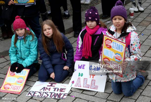 Young girls participate in a demonstration for women's rights on January 21, 2018 in Berlin, Germany. The 2018 Women's March is a planned rally and...