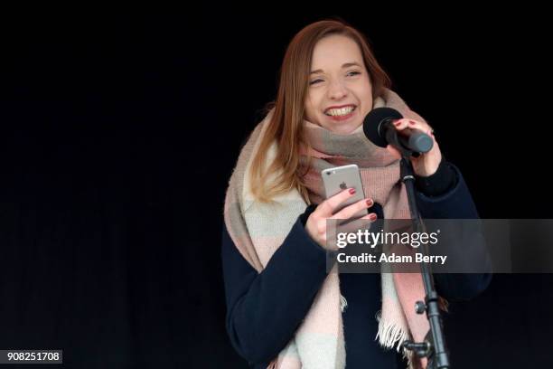 Activist Anne Wizorek speaks during a demonstration for women's rights on January 21, 2018 in Berlin, Germany. The 2018 Women's March is a planned...