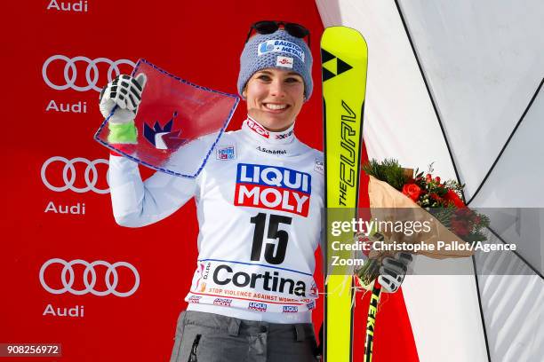 Nicole Schmidhofer of Austria takes 3rd place during the Audi FIS Alpine Ski World Cup Women's Super G on January 21, 2018 in Cortina d'Ampezzo,...