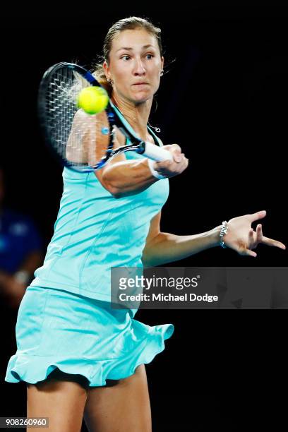 Denisa Allertova of the Czech Republic plays a forehand against Elina Svitolina of Ukraine on day seven of the 2018 Australian Open at Melbourne Park...