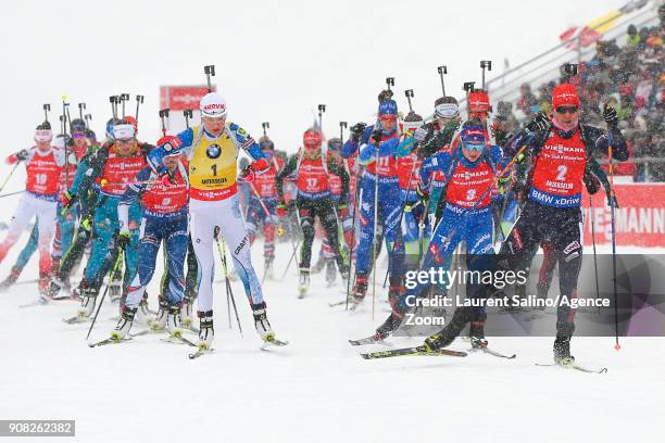 Kaisa Makarainen of Finland takes 3rd place, Anastasiya Kuzmina of Slovakia takes 2nd place, Dorothea Wierer of Italy competes during the IBU...