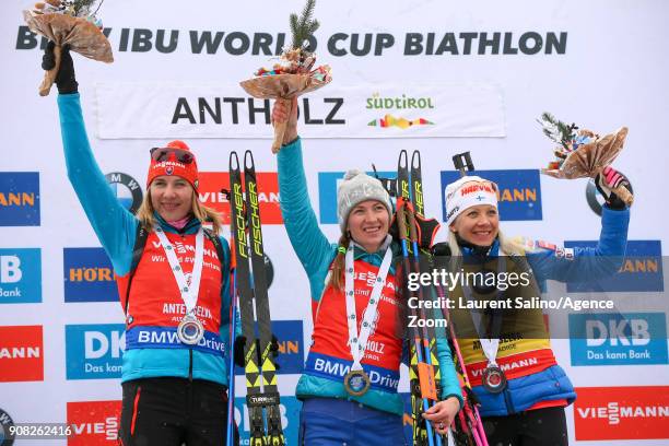 Darya Domracheva of Belarus takes 1st place, Anastasiya Kuzmina of Slovakia takes 2nd place, Kaisa Makarainen of Finland takes 3rd place during the...