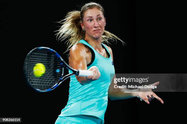 Denisa Allertova of the Czech Republic plays a forehand against Elina Svitolina of Ukraine on day seven of the 2018 Australian Open at Melbourne Park...