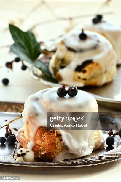 cinnamon buns with icing - aniko hobel 個照片及圖片檔