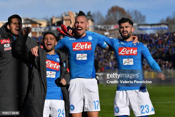 Lorenzo Insigne, Marek Hamsik and Elseid Hysaj of SSC Napoli celebrate victory at the end of the serie A match between Atalanta BC and SSC Napoli at...
